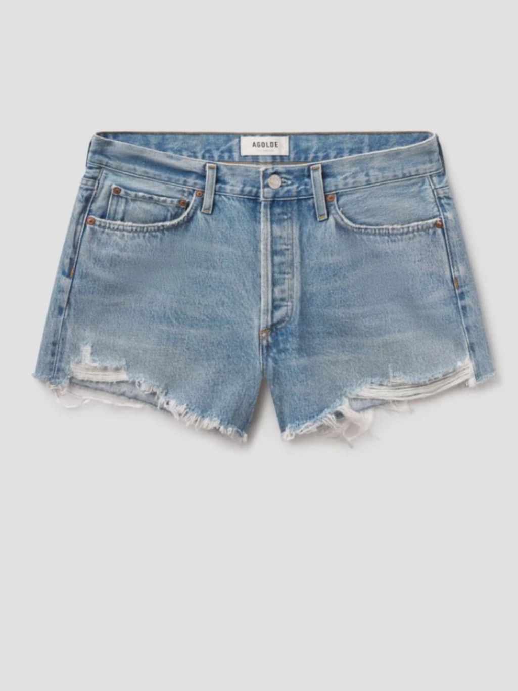 Agolde Ridley Hight Rise Light Blue Distressed Denim Cutoff Shorts